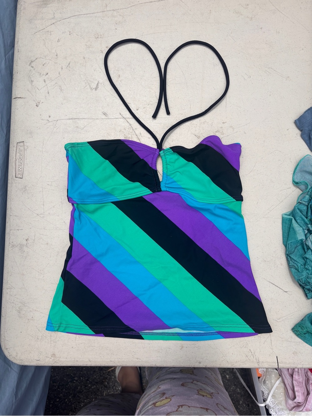 Striped Halter Tankini Top in Teal, Purple, Aqua & Black